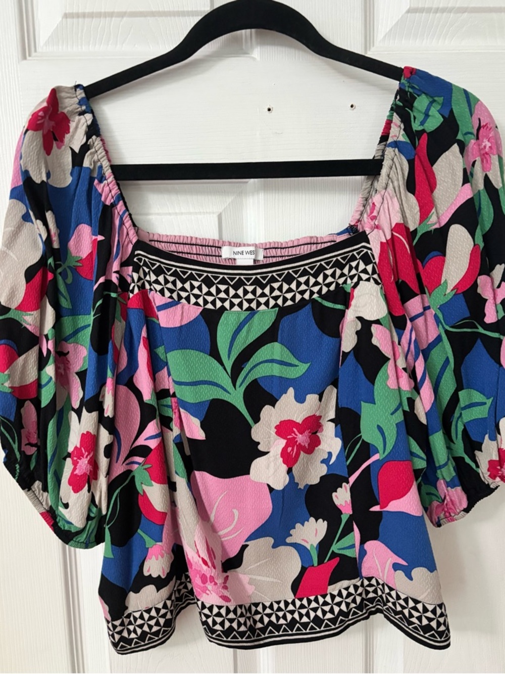 Nine West Blue Floral Puff Sleeve Women's Top